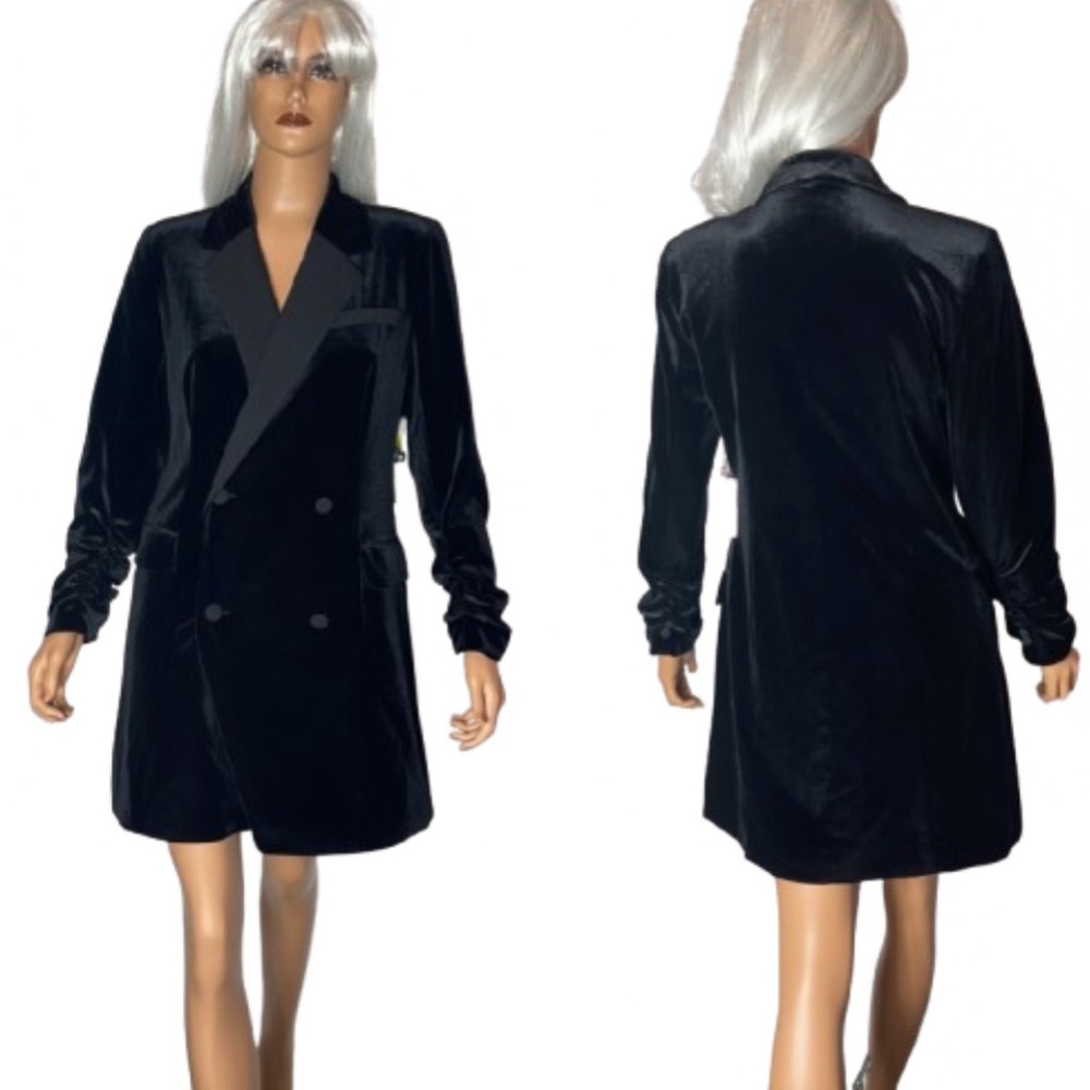 1.STATE Blazer Mini Dress Velvet Ruched Double Breasted Rich Black 10 Medium